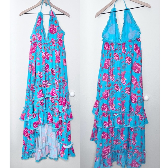 Hazel & Olive Women's Dress Turquoise Floral Halter Deep V Maxi High Low Ruffle - Picture 2 of 13